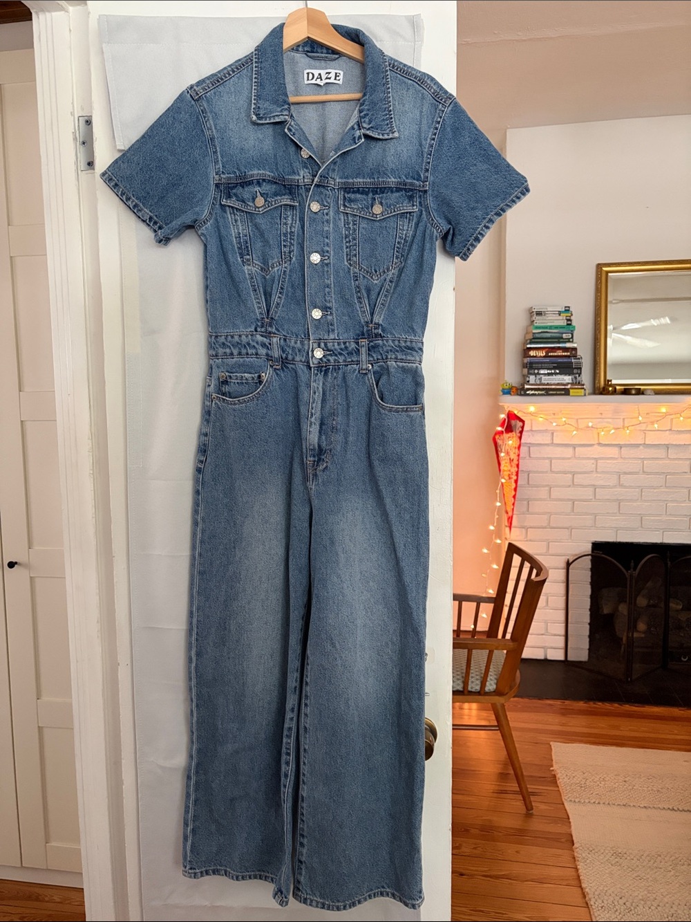 DAZE Short-Sleeve Denim Jumpsuit in Light Blue